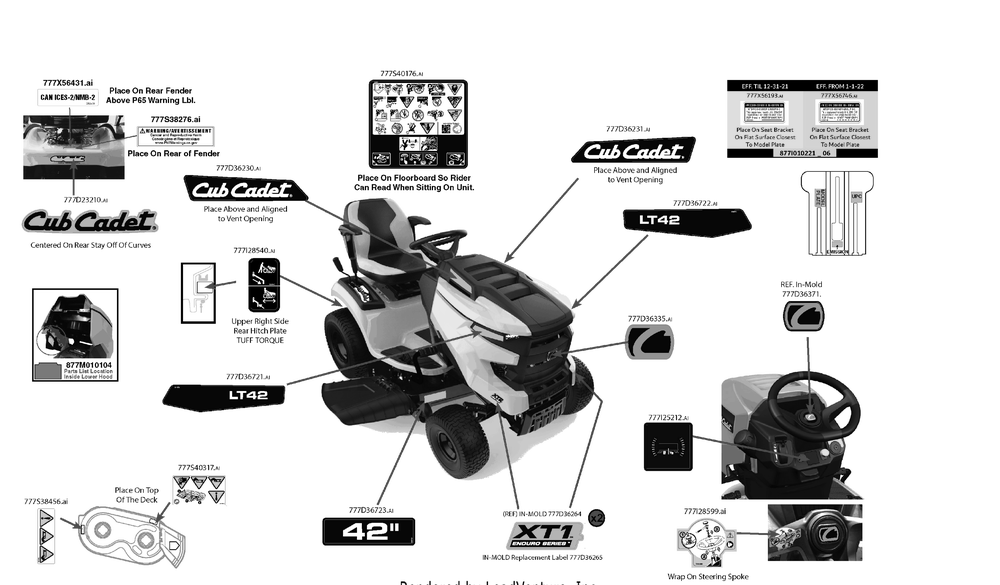 Label Map Diagram and Parts List for XT1-LT42KH (13AKA9TSA10)(2022) Cub Cadet Lawn Tractor